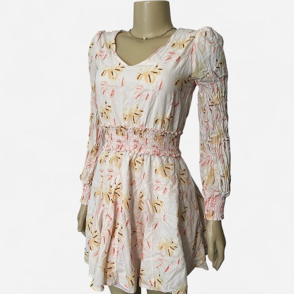 Women’s Long Sleeve Smocked Waist Dress in White with Pastel Floral Print